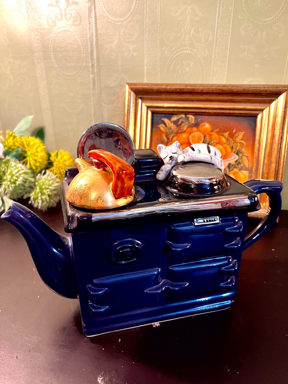 Vintage Range Cooker Ceramic Teapot – Blue Novelty Kitchen Teapot – 8 Inch