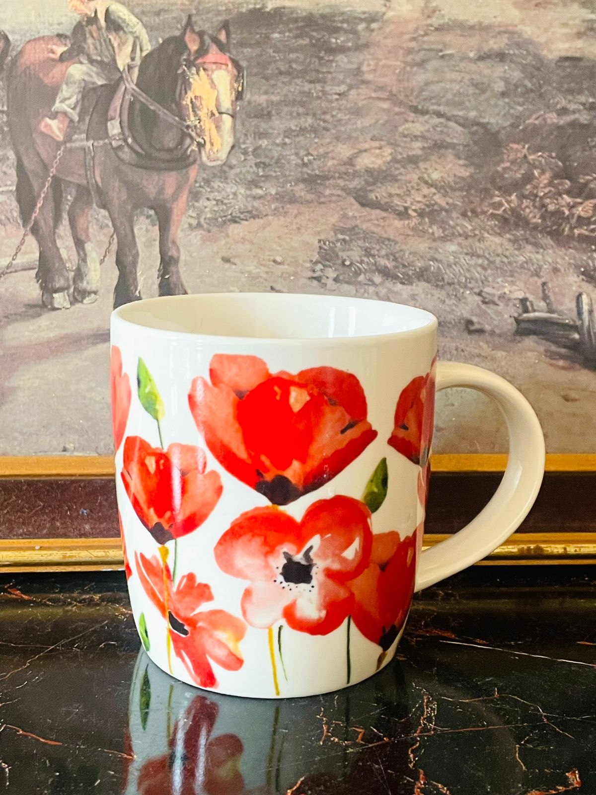 simply home poppy mug, red floral ceramic mug, watercolor flower mug, modern ceramic coffee mug, floral tea mug pakistan, dishwasher safe mug, microwave safe mug, poppy flower design mug, collectible ceramic mug, kitchenware pakistan, english floral crockery, vintage style mug pakistan, red flower mug ceramic, bright floral tea cup, cozy morning mug