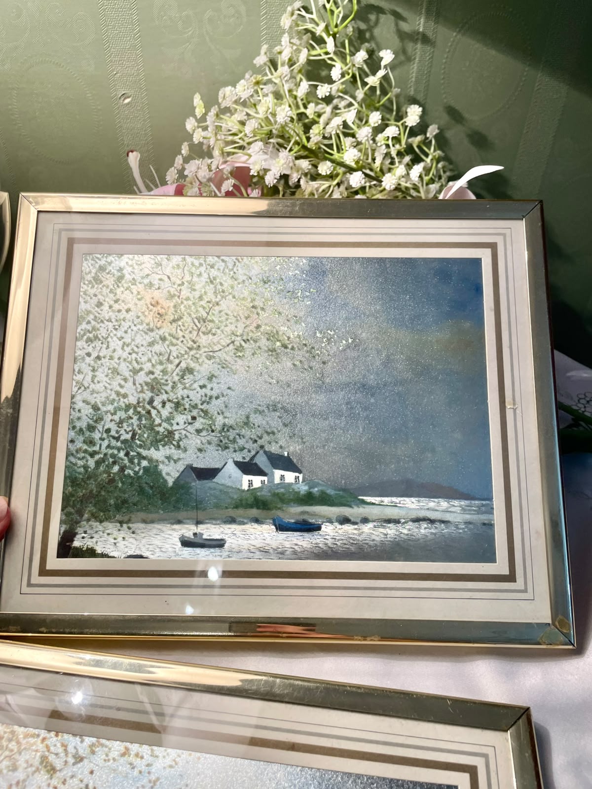 RARE FIND coordinated coastal landscape paintings depicting serene, rustic seaside villages Cottage Pair 10"