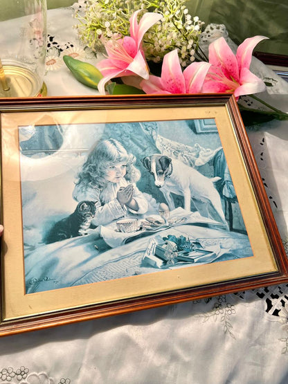 Framed Blue Figurative Art Print with Children 15"