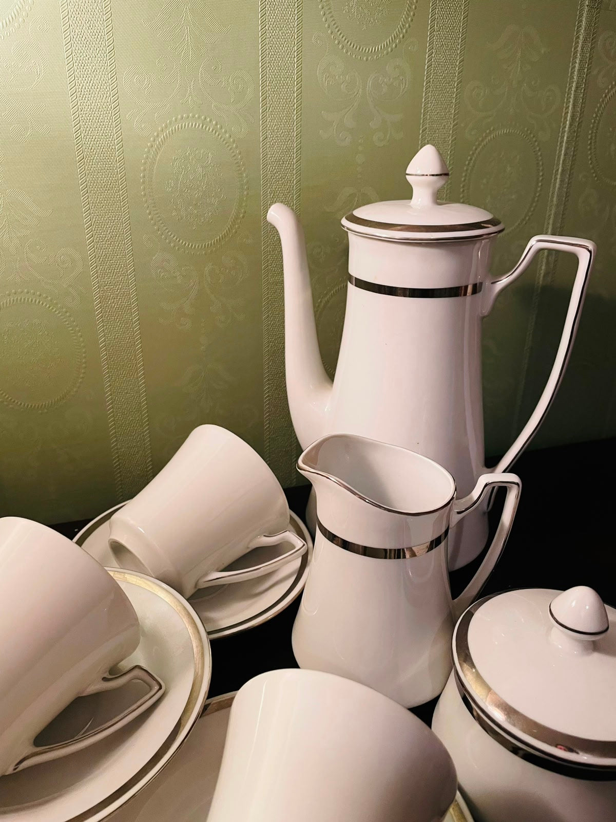 Vintage Wawrzyniec Poland Porcelain Tea Set with Silver Trim