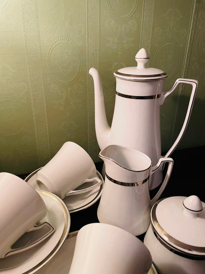 Vintage Wawrzyniec Poland Porcelain Tea Set with Silver Trim