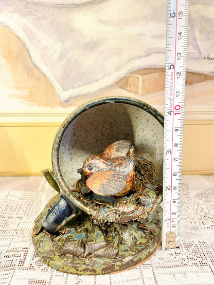 Vintage Bird in a Cup Ceramic Figurine - Handcrafted Nature-inspired Art