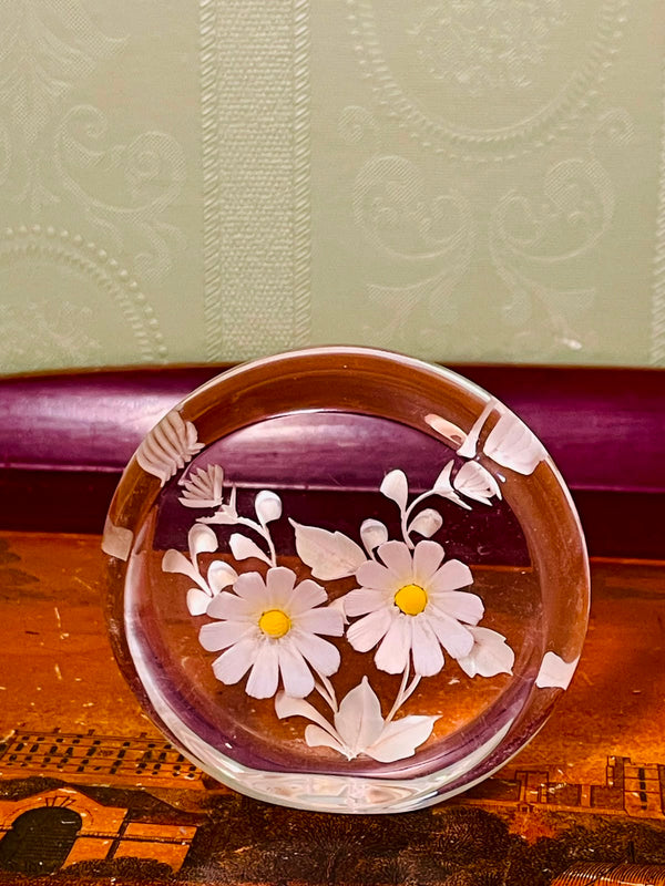 Vintage Crystal Paperweight with White Daisy Floral Design – 3 Inch