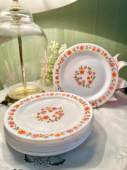 Vintage Floral Dinner Plates – White with Orange & Pink Flower Pattern, Approx. 19 cm – Set of 6