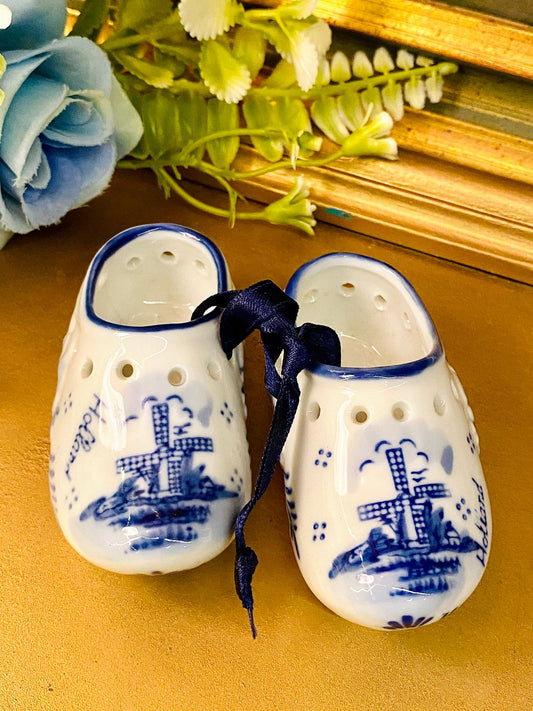 Vintage Delft Blue Mini Clog Shoes Ceramic Figurine Pair