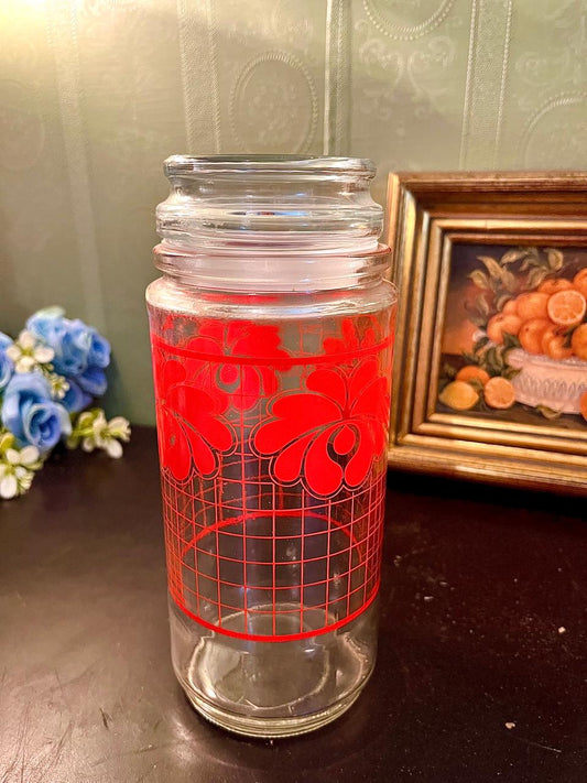 Vintage Glass Storage Jar with Red Floral Print – Kitchen Canister