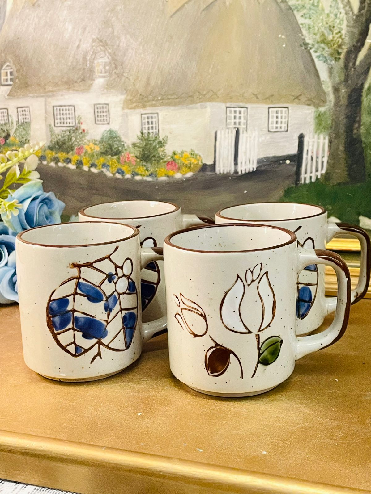 Vintage Korean Botanical Stoneware Mug Set of 4