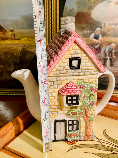 Vintage Cottage House Ceramic Teapot – Hand-Painted Floral Windows