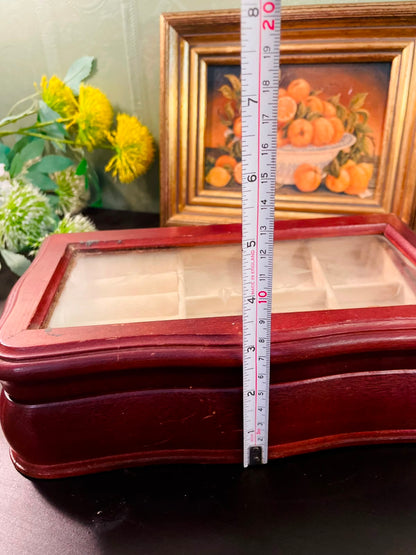 Vintage Wooden Glass Top Jewelry Box 4" Tall Display Storage Case