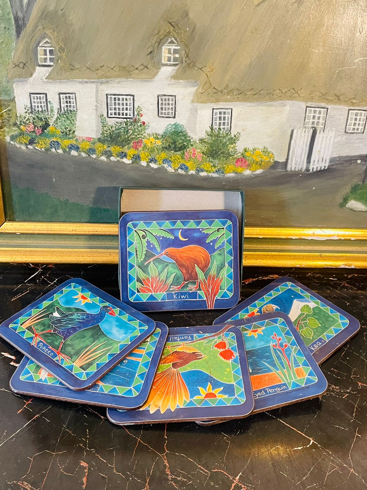 jasoncoasters, newzealandbirds, birddecor, tablecoasters, corkbackcoasters, kiwibirdart, collectiblecoasters, vibranttableware, giftideas, homemadedecor, sunsetkitchenfinds, diningessentials