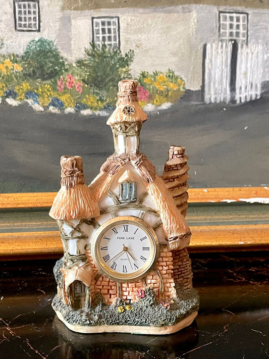 vintage cottage clock, park lane clock, english country decor, thatched house figurine, rustic mantel clock, vintage home decor, collectible miniature house, cottagecore decor, european vintage, sunset kitchen vintage