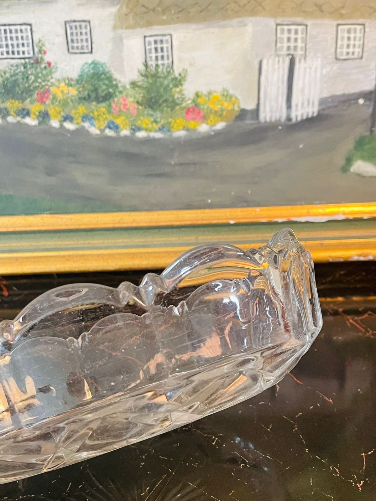 Vintage Pressed Glass Oval Dish – Scalloped Rim with Starburst Base