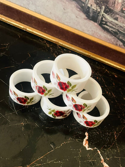Vintage English Porcelain Napkin Rings – Red Rose Floral (Set of 6)