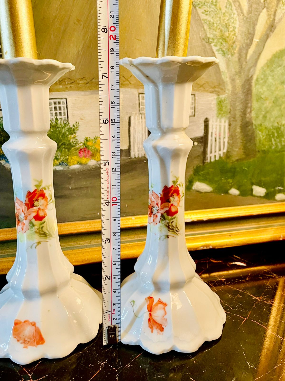 Pair of Vintage Porcelain Floral Candlestick Holders – Hand Painted White & Red Rose Design
