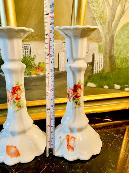 Pair of Vintage Porcelain Floral Candlestick Holders – Hand Painted White & Red Rose Design