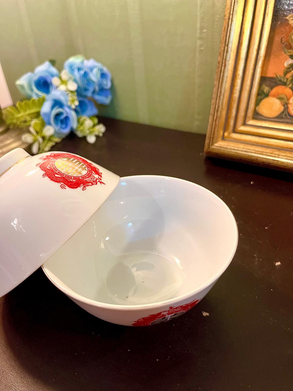 Vintage Chinese Rice Bowl Pair 12 cm Red Floral Mark