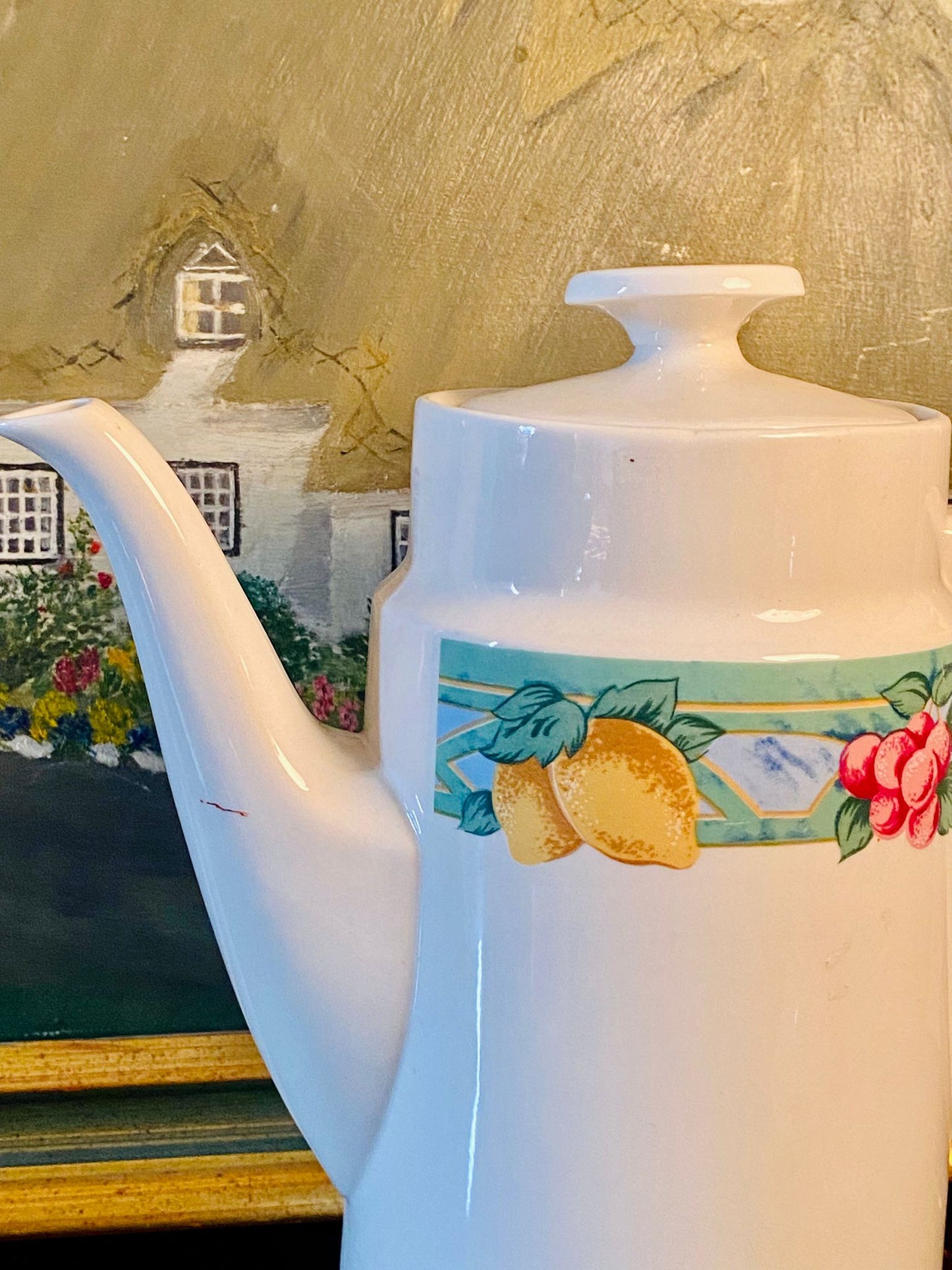 Vintage Large Porcelain Coffee Pot with Fruit Design – Lemon & Cherry Pattern