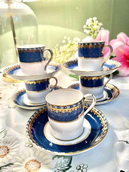 Vintage Cobalt Blue & Gold English Coffee Cup & Saucer Set – 10 Pieces