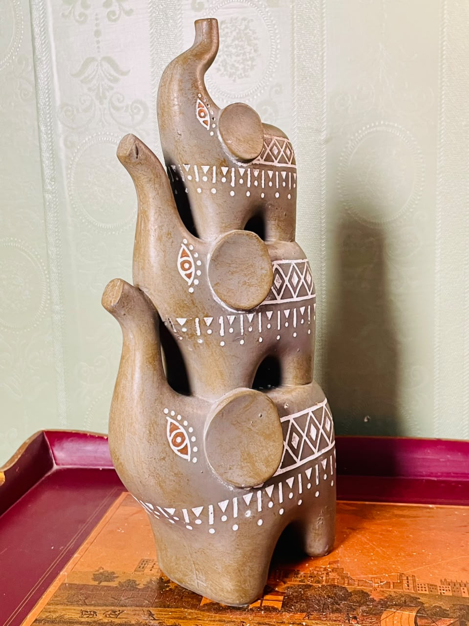Vintage Hand Carved Tribal Elephant Family Sculpture 12 Inch