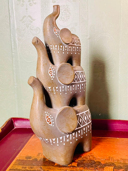 Vintage Hand Carved Tribal Elephant Family Sculpture 12 Inch
