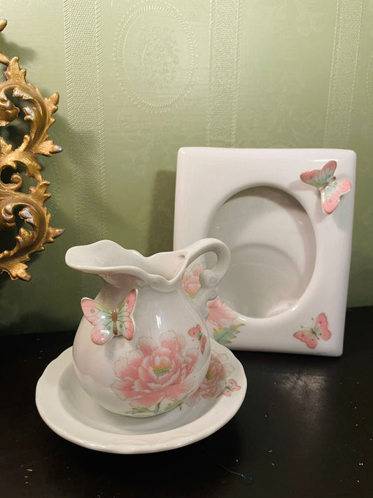 Vintage Floral Creamer Jug & Butterfly Frame Decor Set