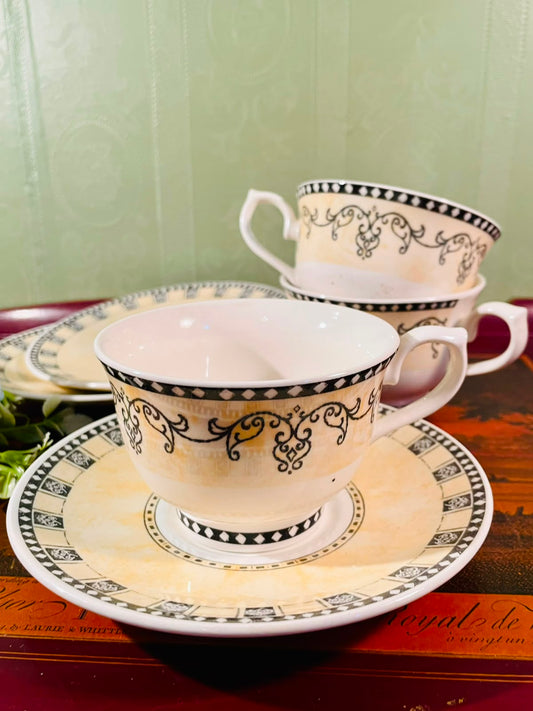 Black & Cream Scrollwork 6-Piece Cup and Saucer Set