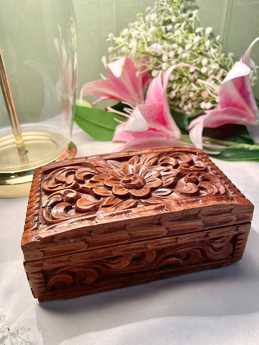 Carved Wooden Jewellery Box with Mirror 6"