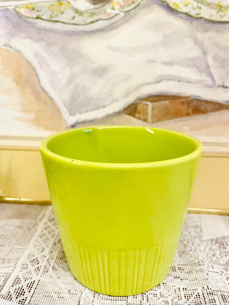 Vintage Lime Green Ribbed Ceramic Planter Pot