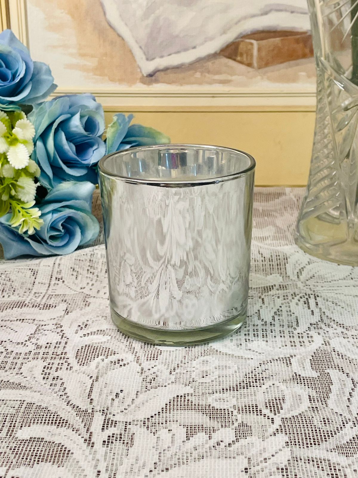 Vintage Silver Mercury Glass Candle Holder with Candles