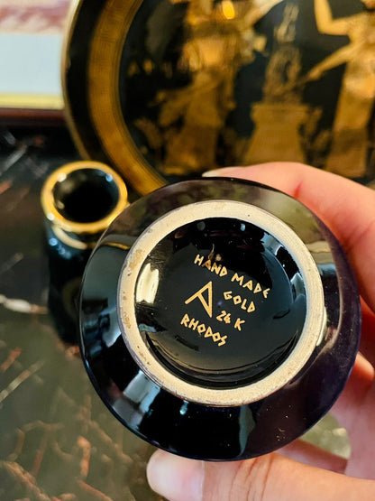 Rare find - 24kt Gold Greece Black & Gold Set of Decorative Plate & Vases – Handcrafted Mythological Design - Set of 3 - Home Decor