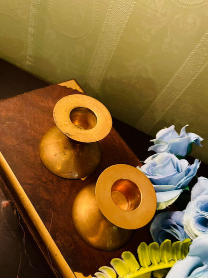 Vintage Brass Low Candlestick Holder Pair