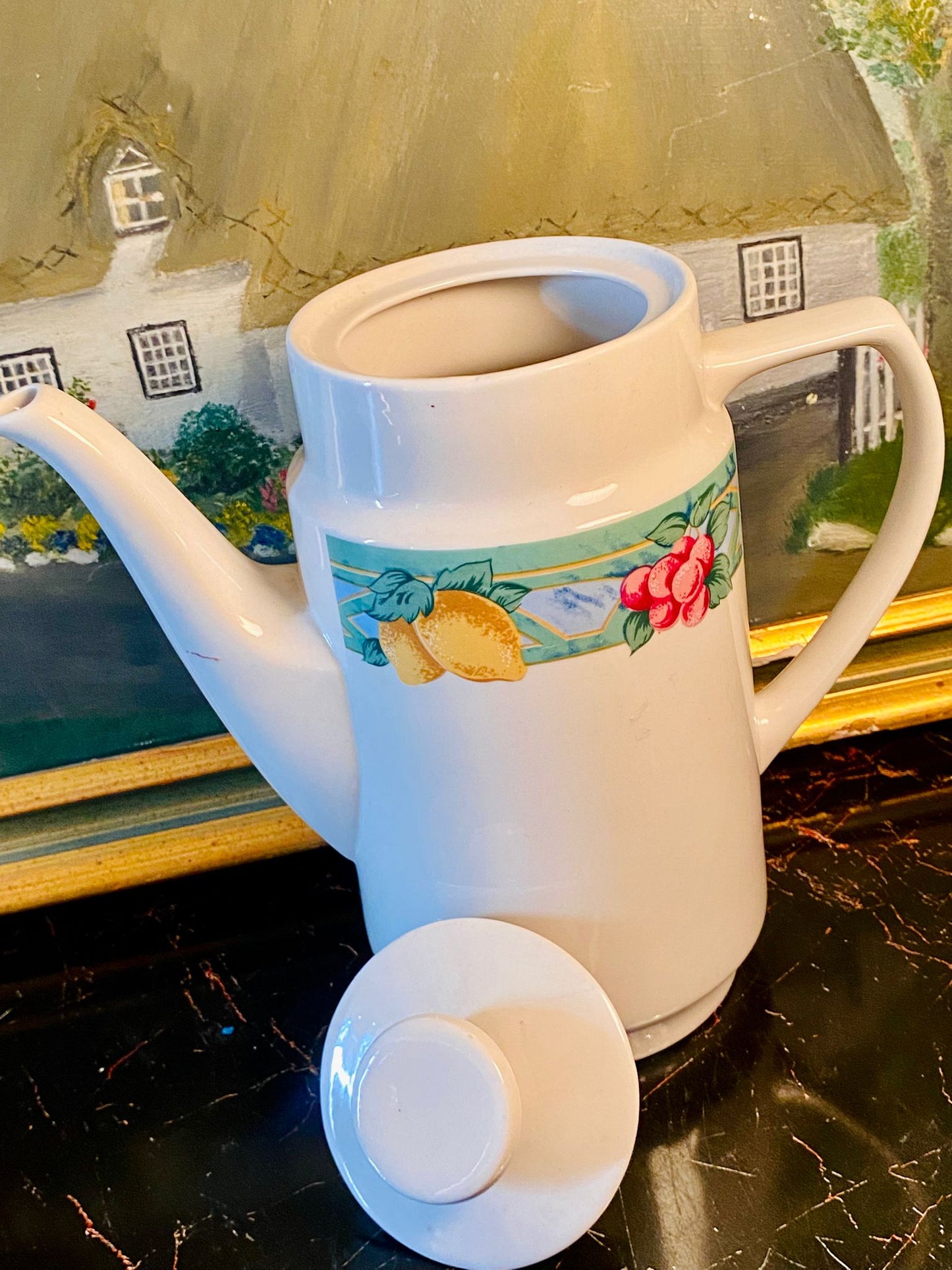 Vintage Large Porcelain Coffee Pot with Fruit Design – Lemon & Cherry Pattern
