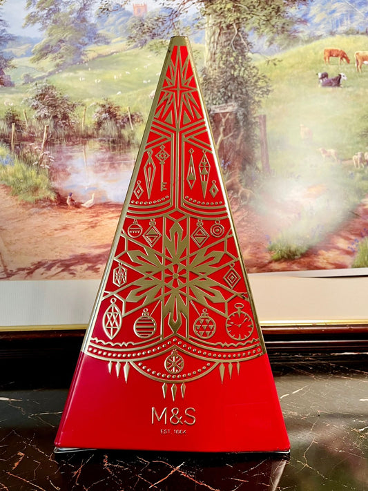 M&S Vintage Christmas Pyramid Tin – Collectible Red & Gold Decorative Storage Box