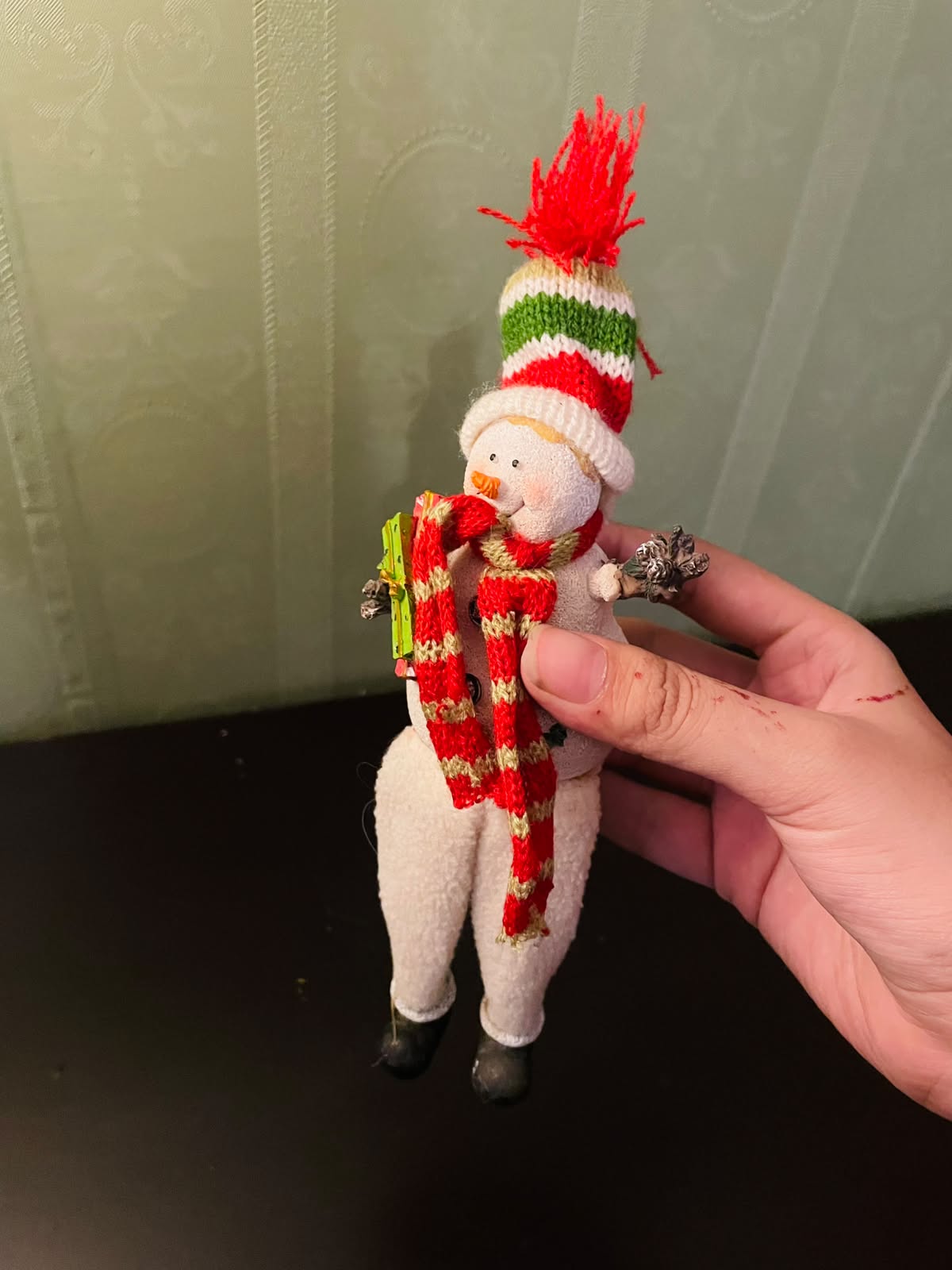 Mini Snowman Christmas Figurine with Knitted Hat