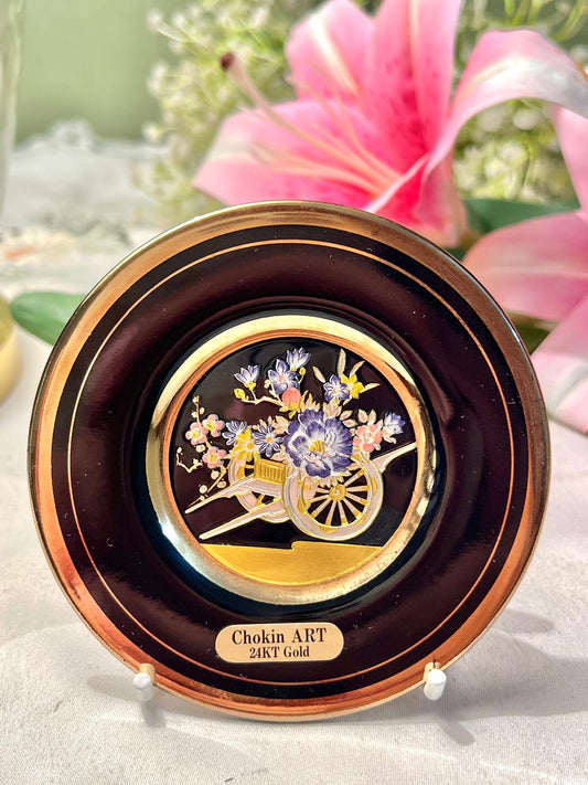 Japanese Chokin Art 24K Gold Floral Decorative Plate – 4 Inches