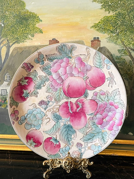 vintage chinese porcelain, hfp macau plate, hand painted china, fruit motif plate, peaches grapes design, oriental decor, asian ceramics, export porcelain, decorative wall plate, collectible china