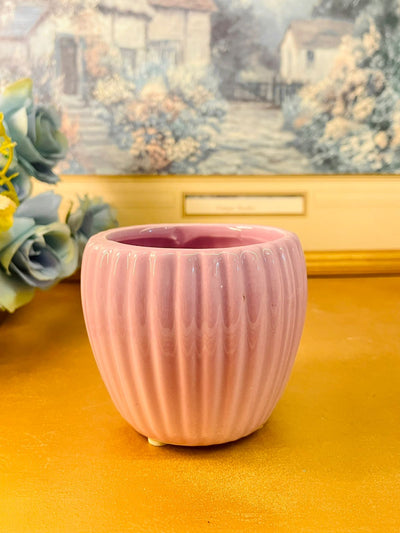 Pink Ribbed Ceramic Planter Minimal Aesthetic Pot