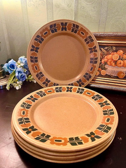 Set of 5 Brown Floral Dinner Plates – Retro Ceramic Tableware