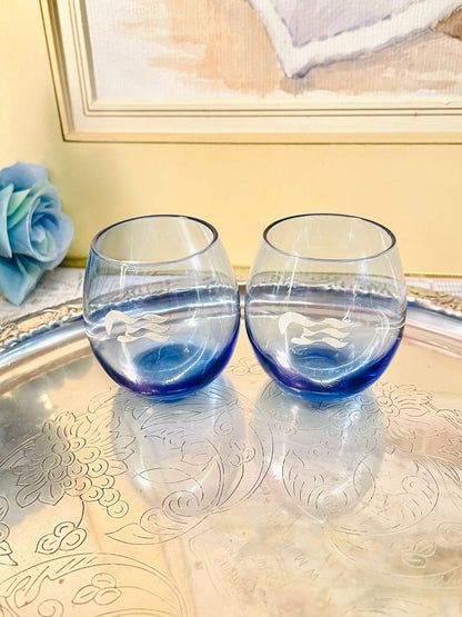 Vintage Coloured Tumbler Glass Set of 6  – Etched Wave