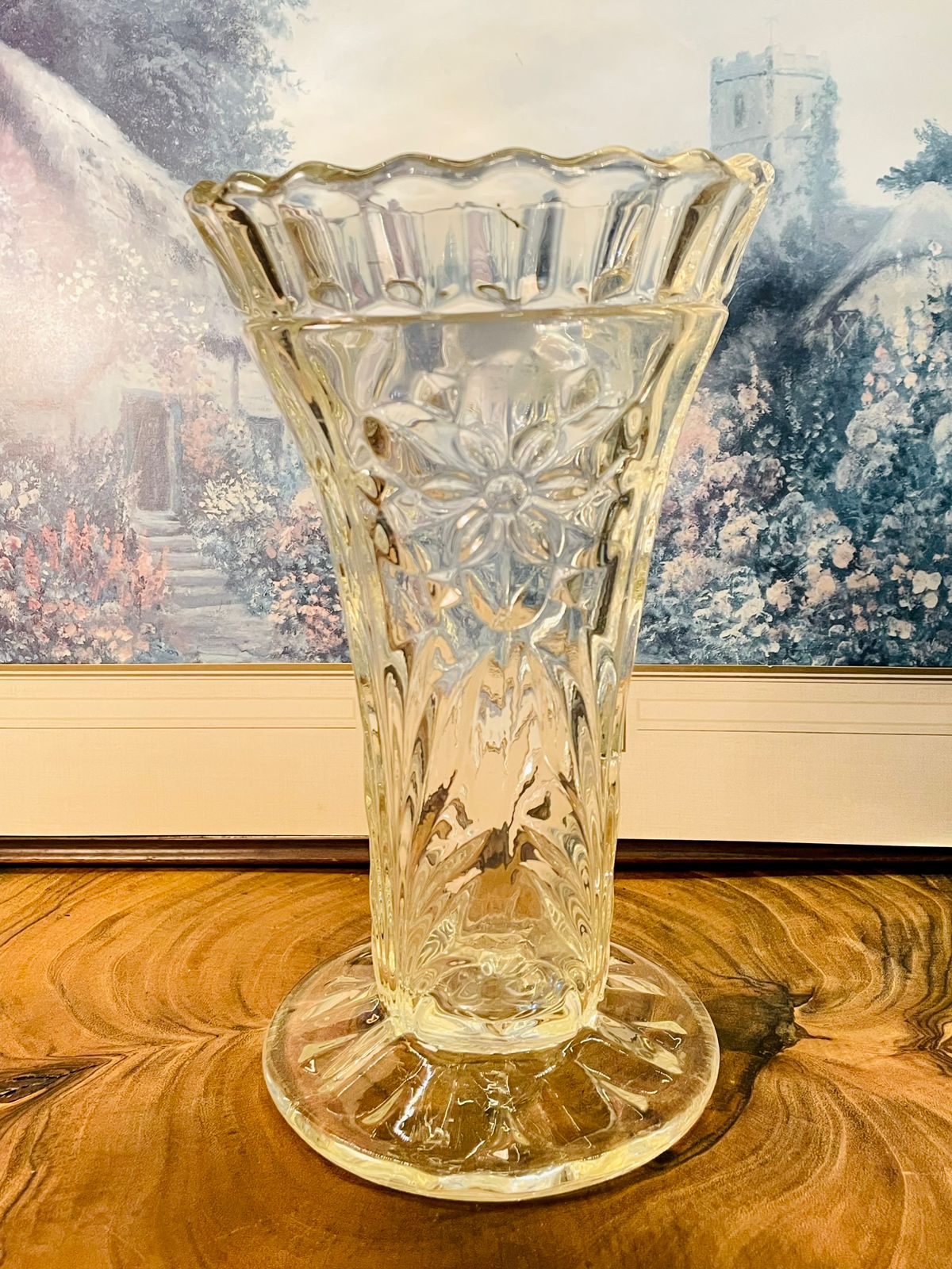 Vintage Pressed Glass Vase | Scalloped Floral Vase 10.5 Inch