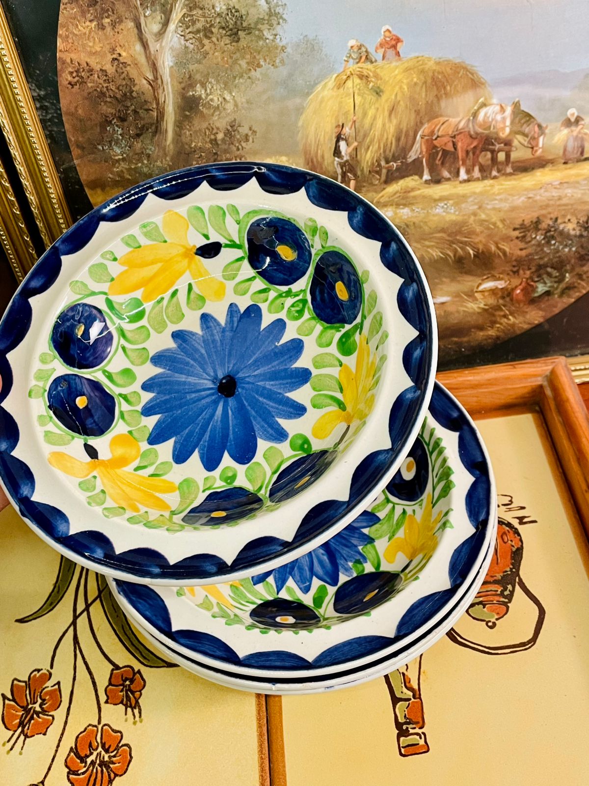 Set of 4 Hand-Painted Floral Bowls – Blue & Yellow Ceramic, Oven Safe