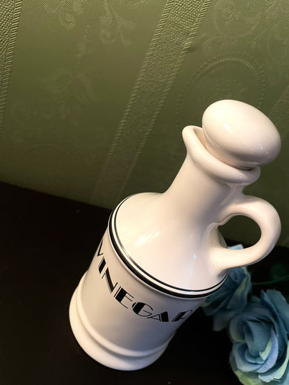 Vintage White Ceramic Vinegar Bottle with Stopper 6 Inch