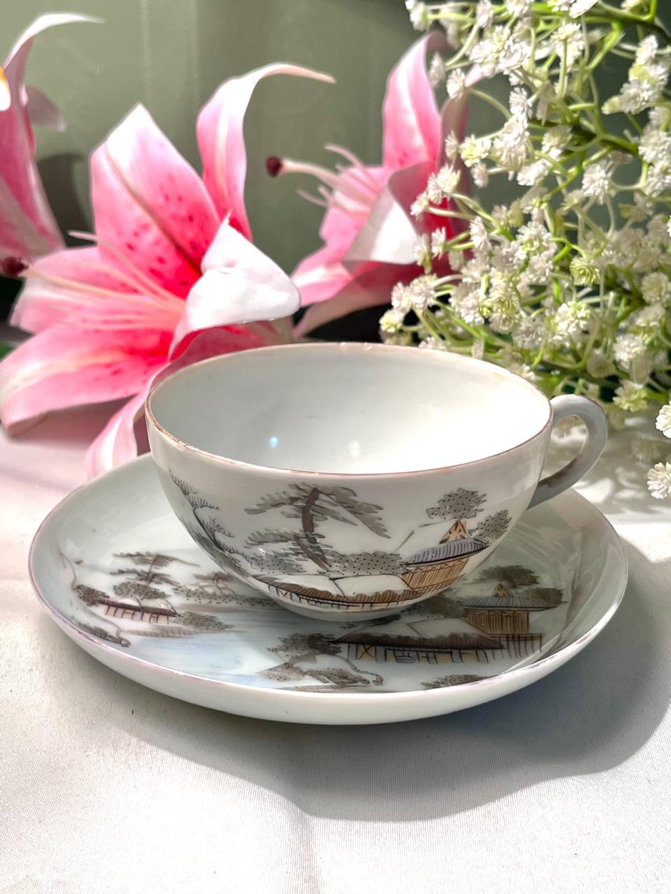 Asian Scenic Teacup & Saucer Set 2-Piece 4 Inch