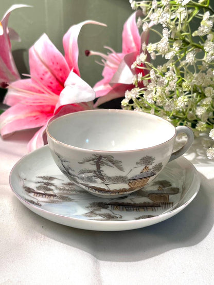 Asian Scenic Teacup & Saucer Set 2-Piece 4 Inch