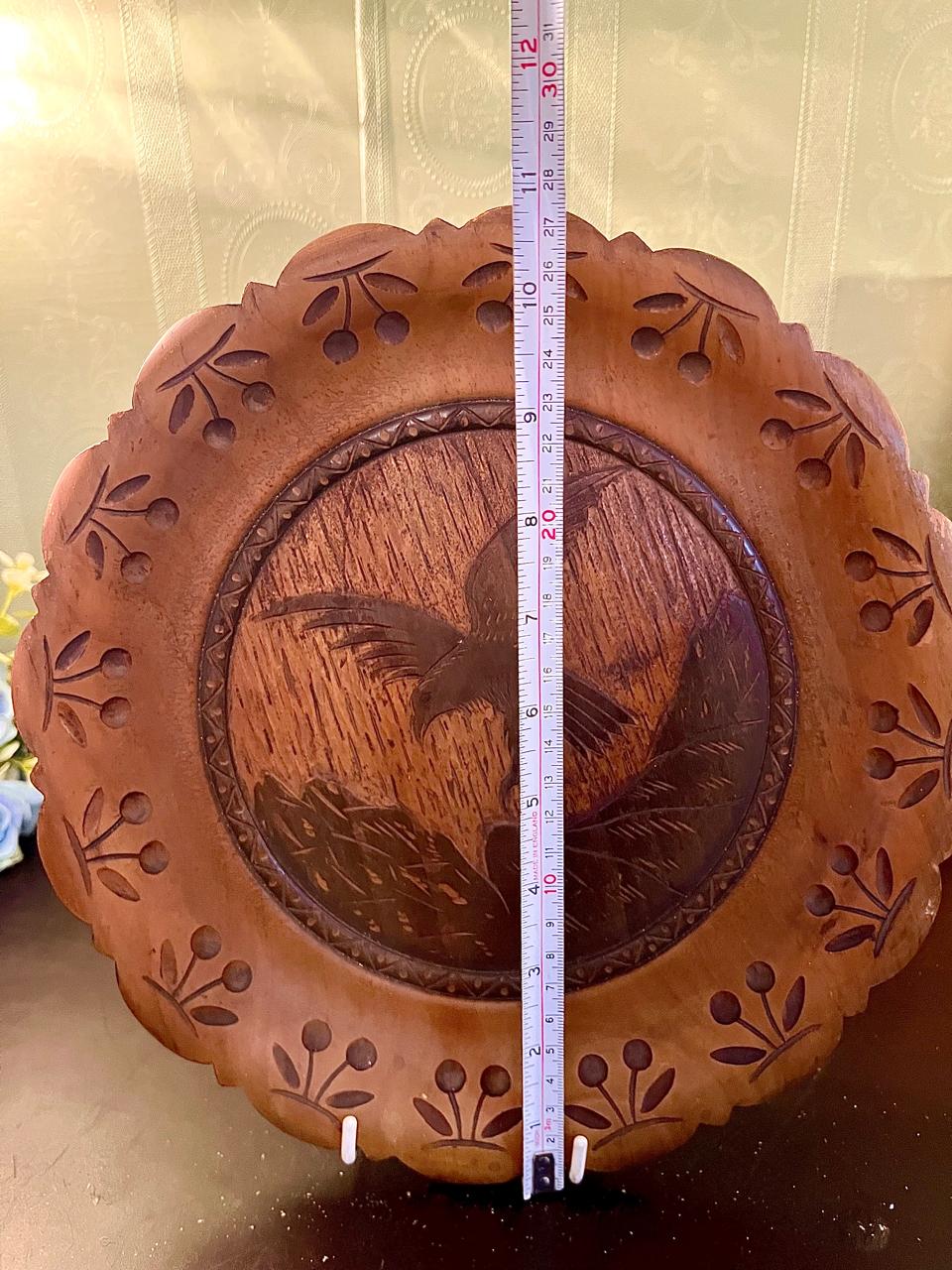 Hand Carved Wooden Bird Decorative Wall Plate Rustic Folk Art Round Plaque 12 Inch