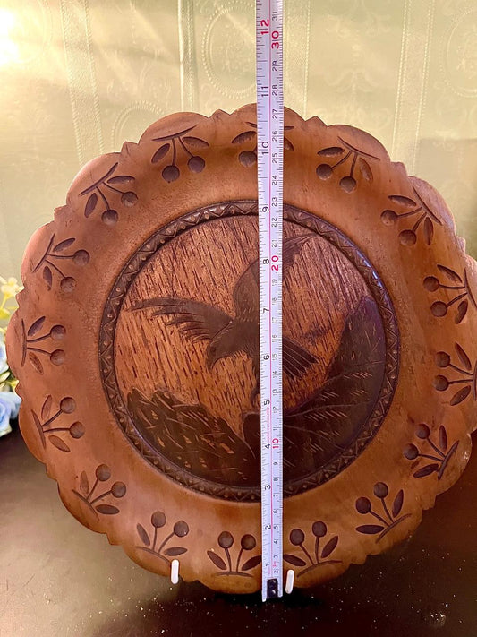 Hand Carved Wooden Bird Decorative Wall Plate Rustic Folk Art Round Plaque 12 Inch