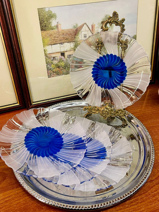 Set of 4 Vintage Blue Swirl Glass Plates – Dessert Plates