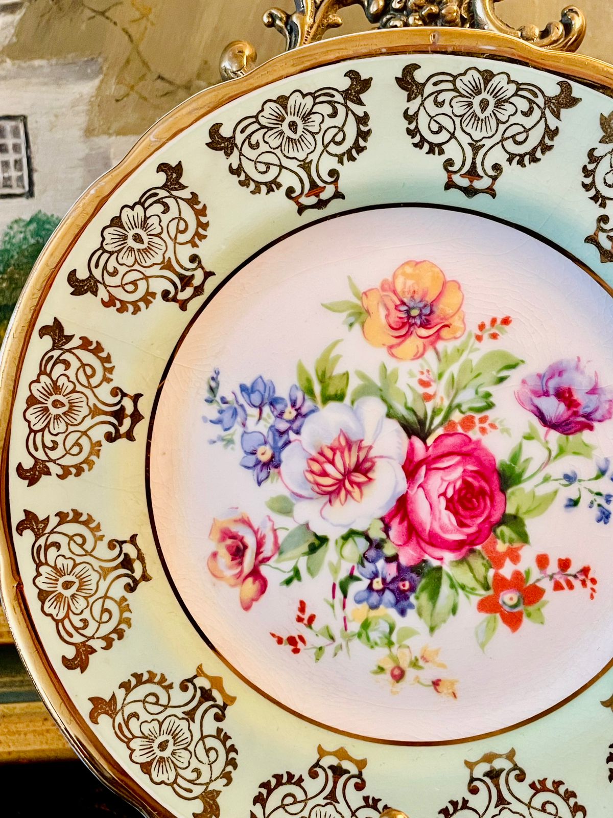 Regency Bone China Decorative Plate – Floral Center with Gold Scrollwork, Made in England