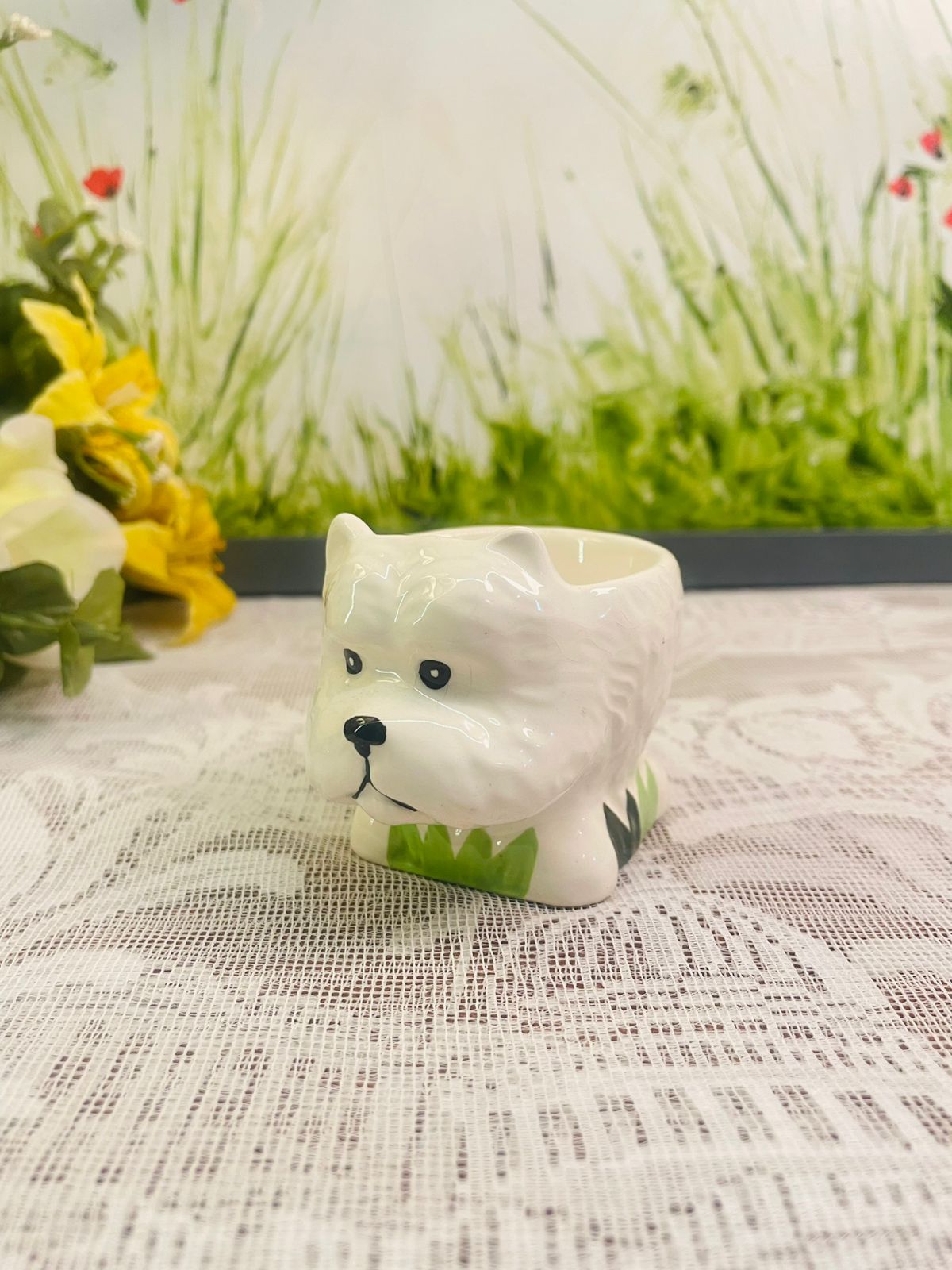 Vintage White Ceramic Dog Egg Cup Holder